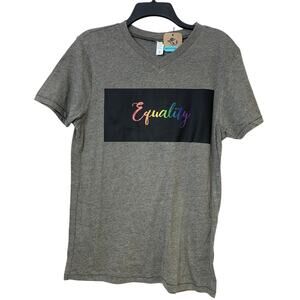 New Upcycled Hand Printed Womens Small Rainbow Equality Pride V-Neck Tee Shirt
